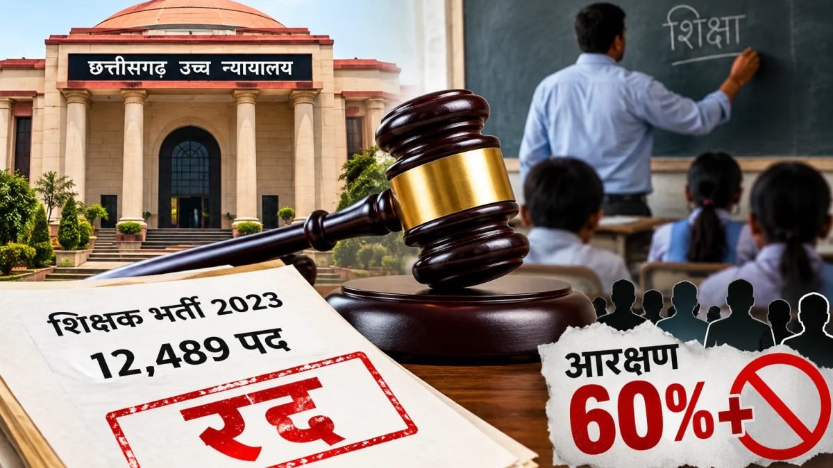 छत्तीसगढ़ उच्च न्यायालय की इमारत, हथौड़ा और शिक्षक भर्ती 2023 रद्द से संबंधित दस्तावेज।